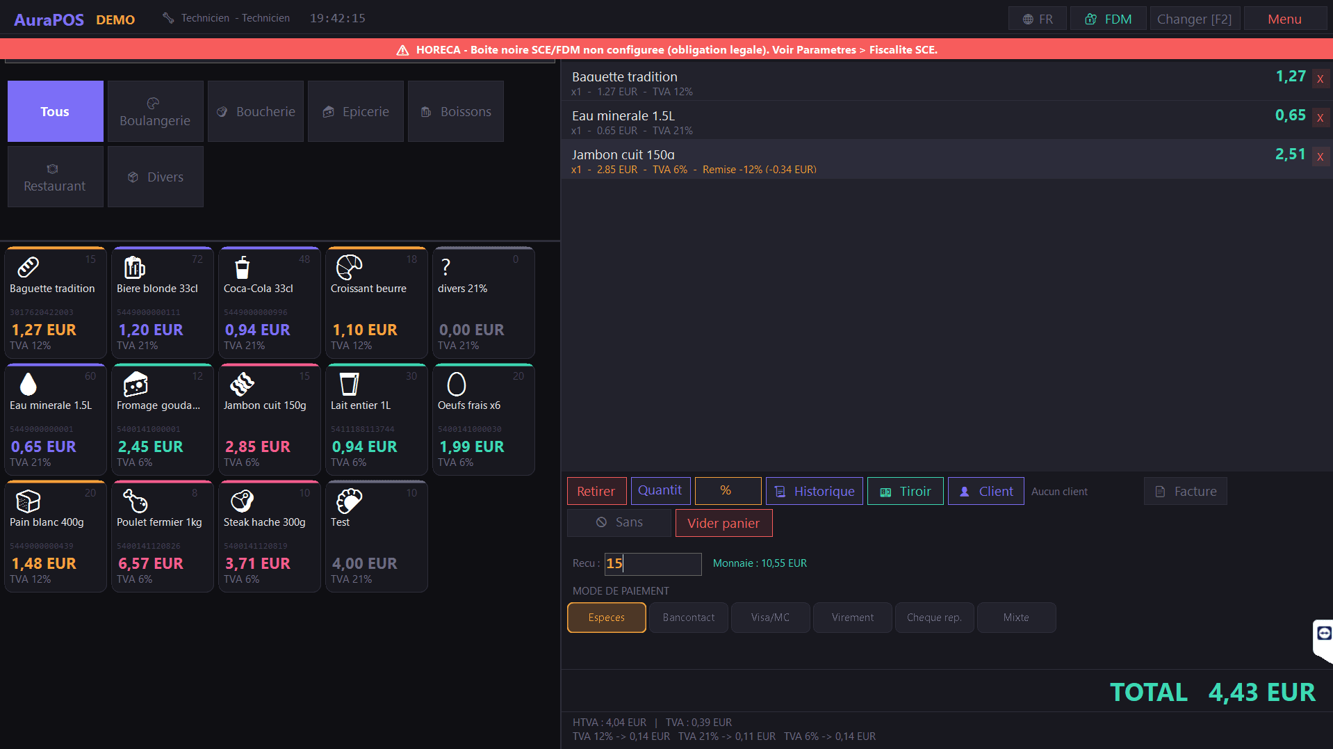 Capture d'écran de la caisse AuraPOS avec un panier de vente